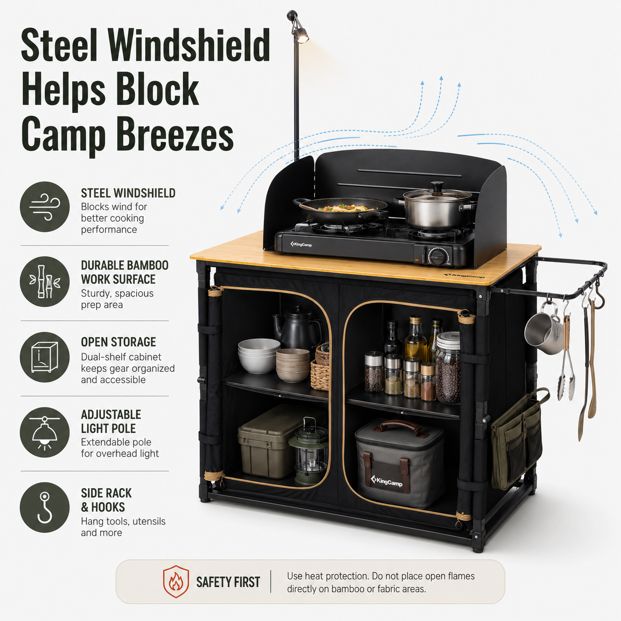 KingCamp Bamboo Camping Kitchen Table with Lantern Stand