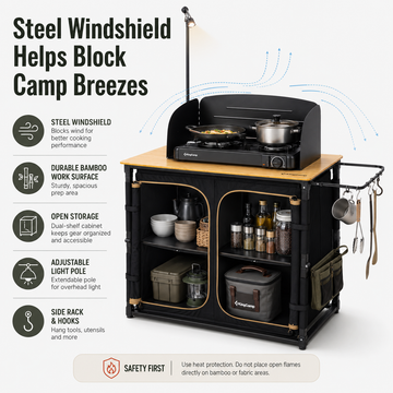 KingCamp Bamboo Camping Kitchen Table with Lantern Stand