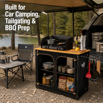KingCamp Bamboo Camping Kitchen Table with Lantern Stand