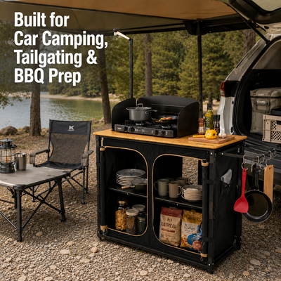 KingCamp Bamboo Camping Kitchen Table with Lantern Stand