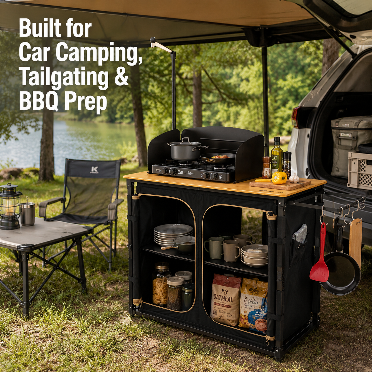 KingCamp Bamboo Camping Kitchen Table with Lantern Stand