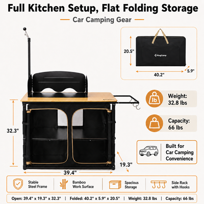 KingCamp Bamboo Camping Kitchen Table with Lantern Stand