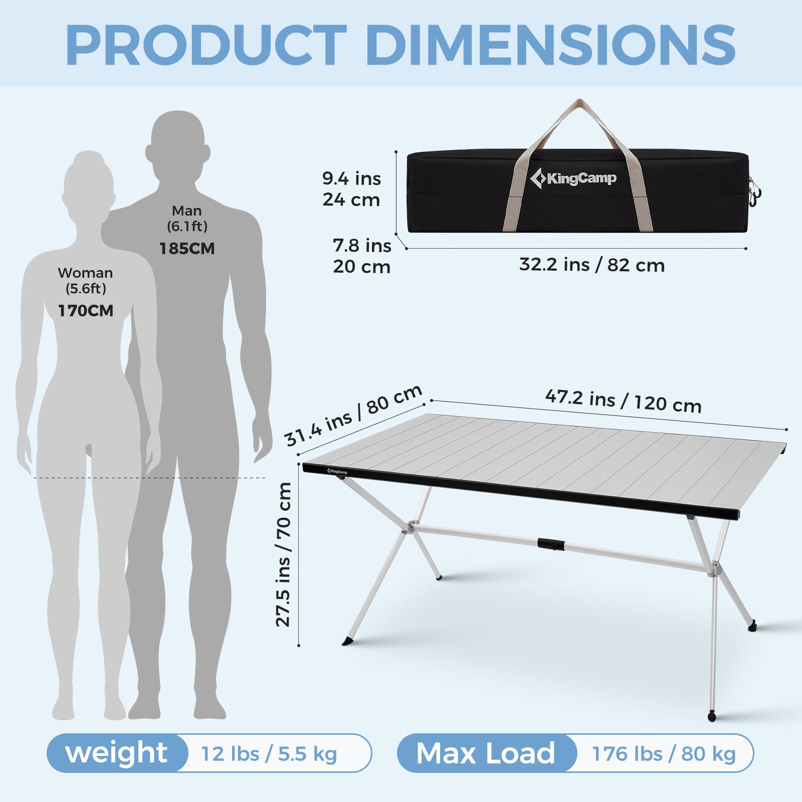 KingCamp Large Roll up Aluminum Folding Camping Table