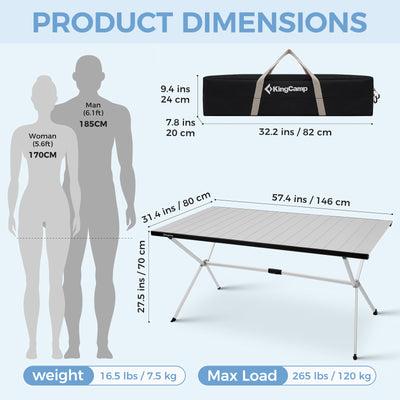 KingCamp Large Roll up Aluminum Folding Camping Table