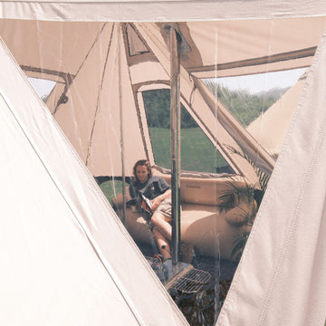 adventure tent holtkamper KingCamp Khan Villa Tent Glamping 4-in-1 Bundle with Stove Silver / M KingCamp Surefire Tent Stove + Khaki KingCamp 2-Person Oxford Inflatable Sofa