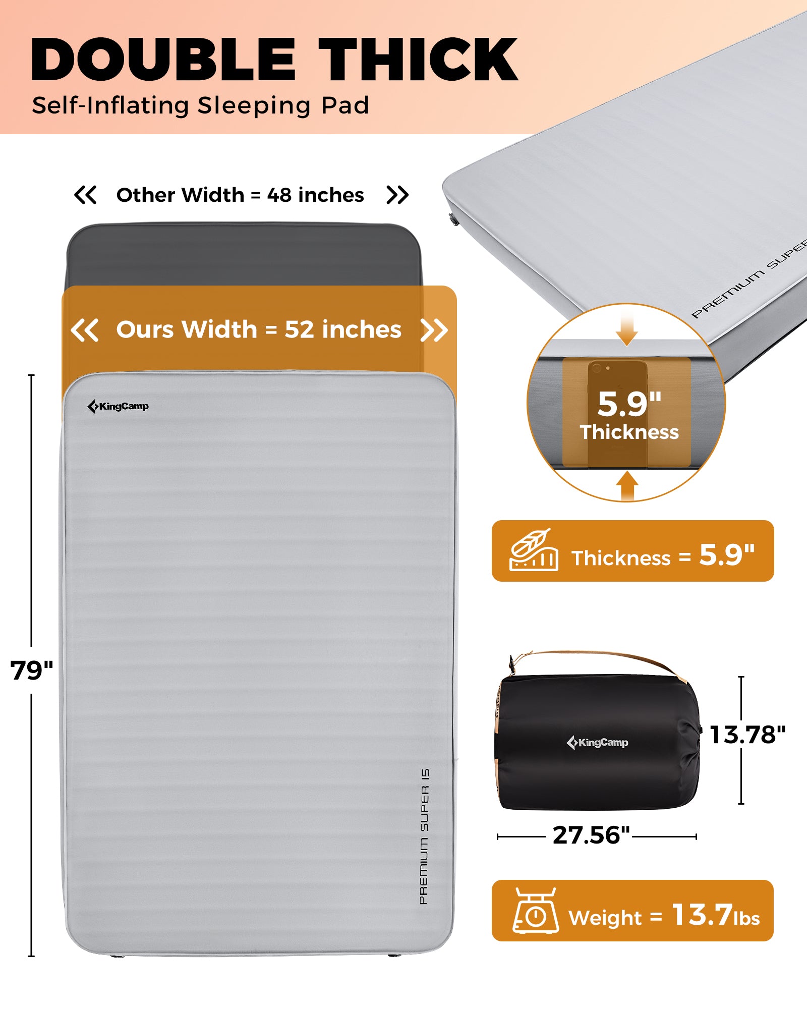 Buy 5.9'' Thick Self-Inflating Double Camping Sleeping Pad