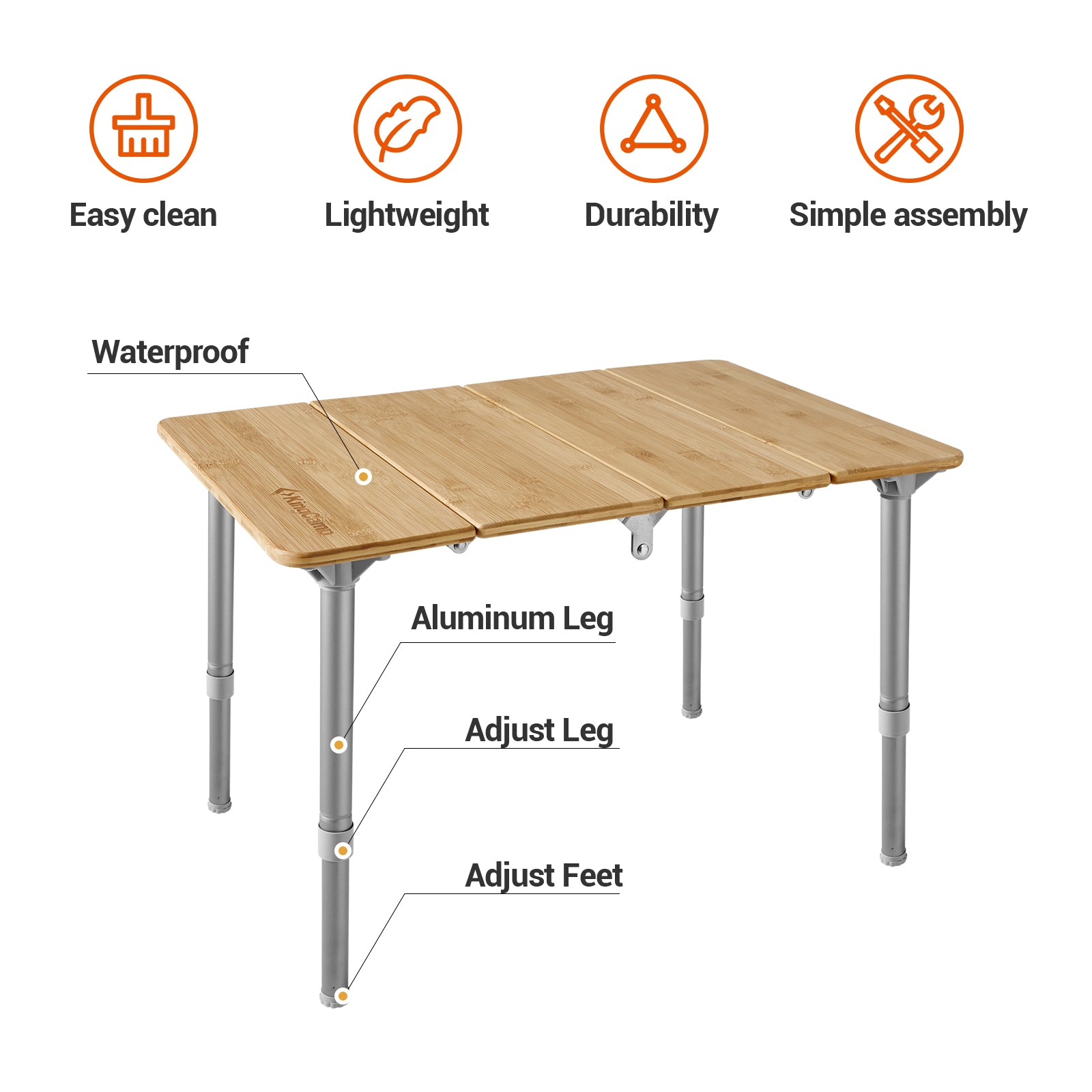 KingCamp Adjustable Height 4-Folds Portable Bamboo Table
