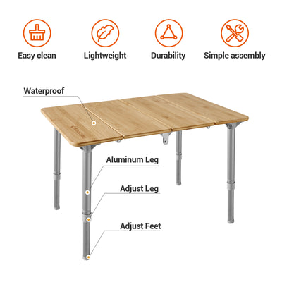 KingCamp Small Adjustable Height 4-Folds Portable Bamboo Table