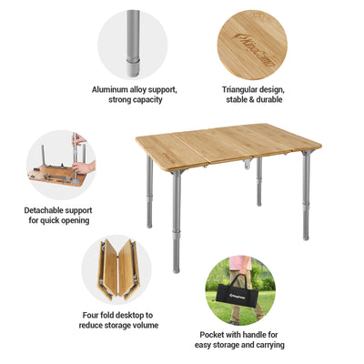 KingCamp Small Adjustable Height 4-Folds Portable Bamboo Table