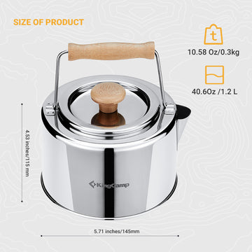 KingCamp Stainless Steel Camping Kettle 1.2L, Lightweight Portable Compact Outdoor Tea Coffee Pot Hiking Cooking Gear Hot Water Kettle with Bamboo