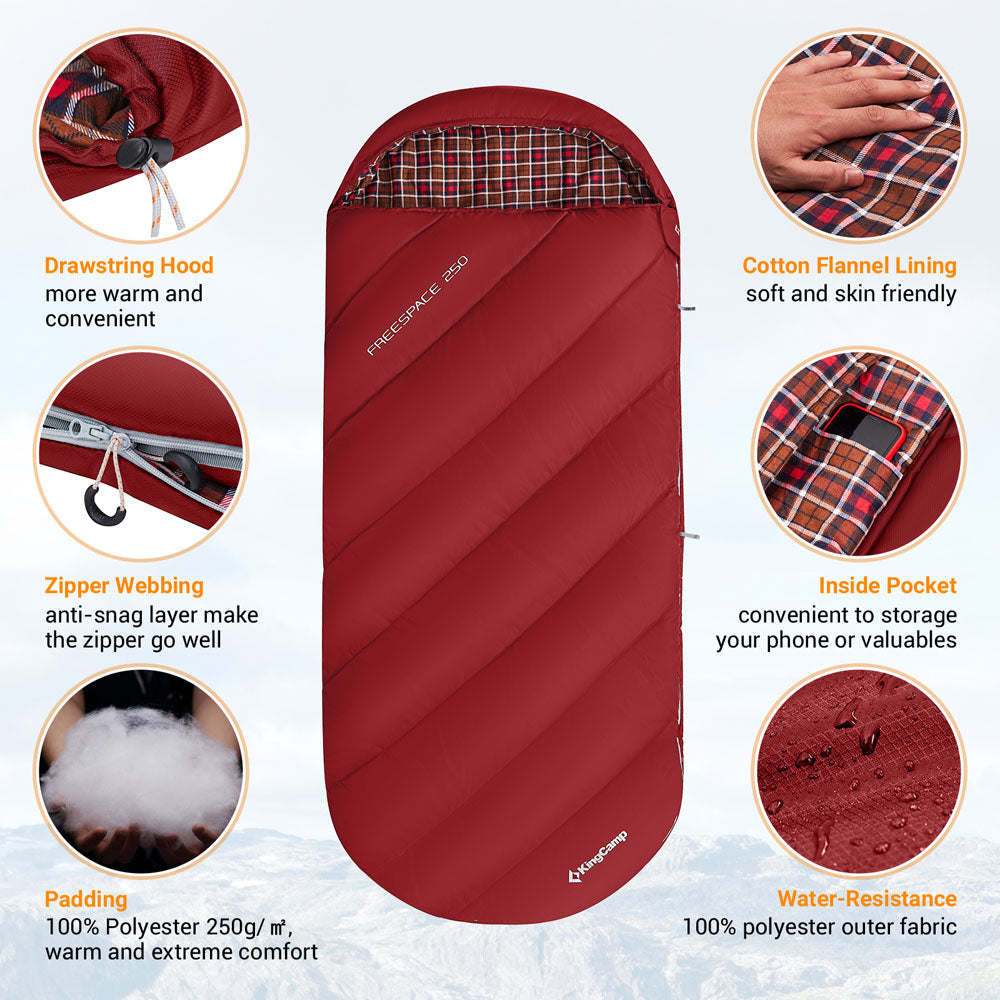 KingCamp 250g Filling 3 Season Cotton lining Wine Plus Size Sleeping Bag