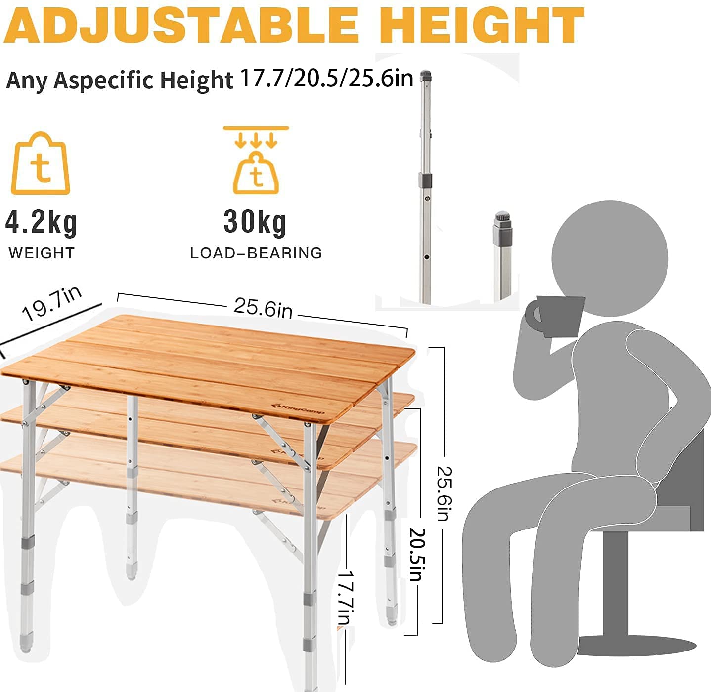 KingCamp Bamboo Folding Adjustable Height Table