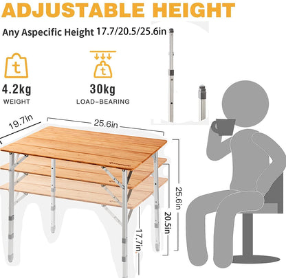 KingCamp Bamboo Folding Adjustable Height Table