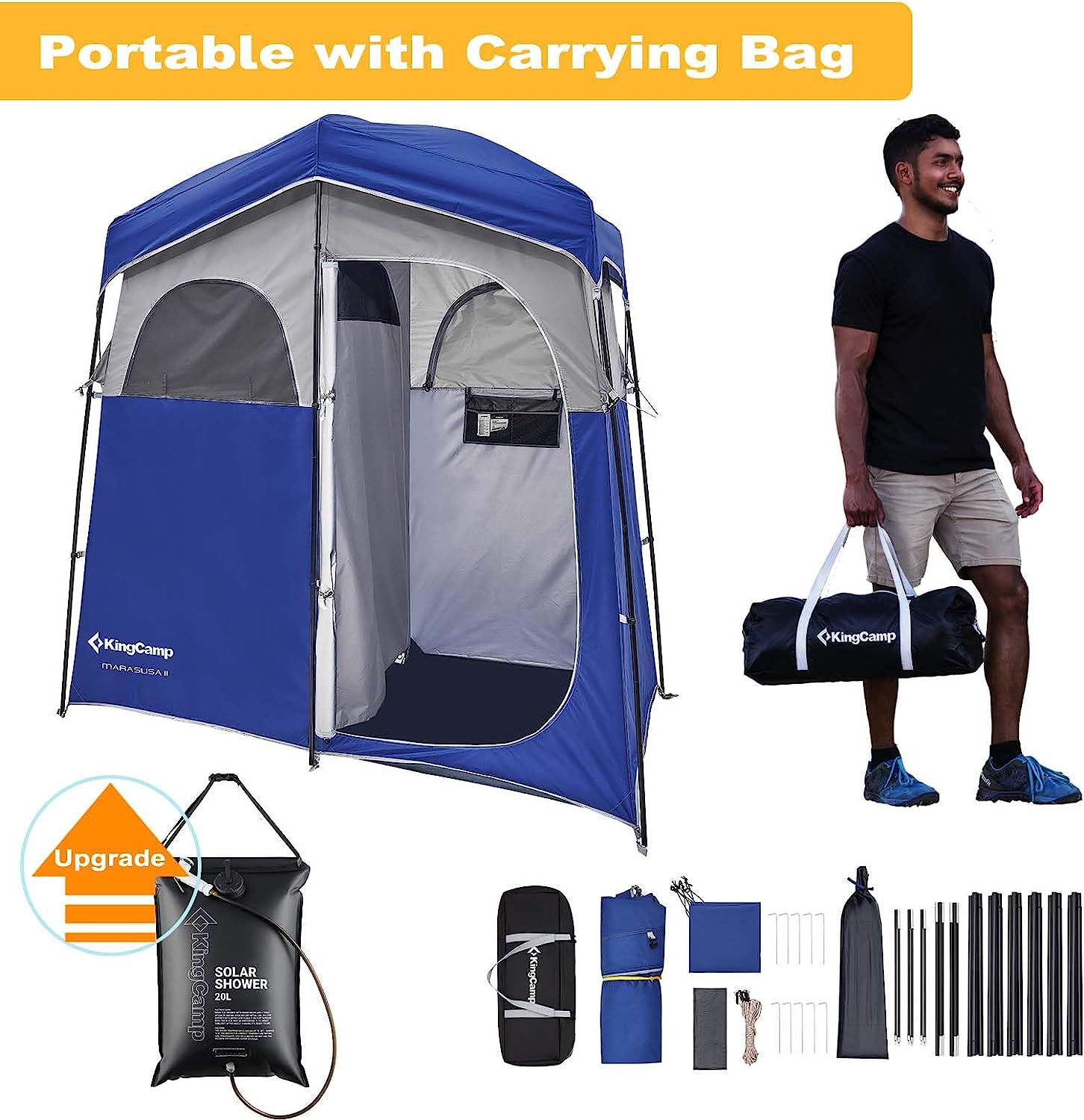 KingCamp Double Room Shower Tent with Solar Shower Set