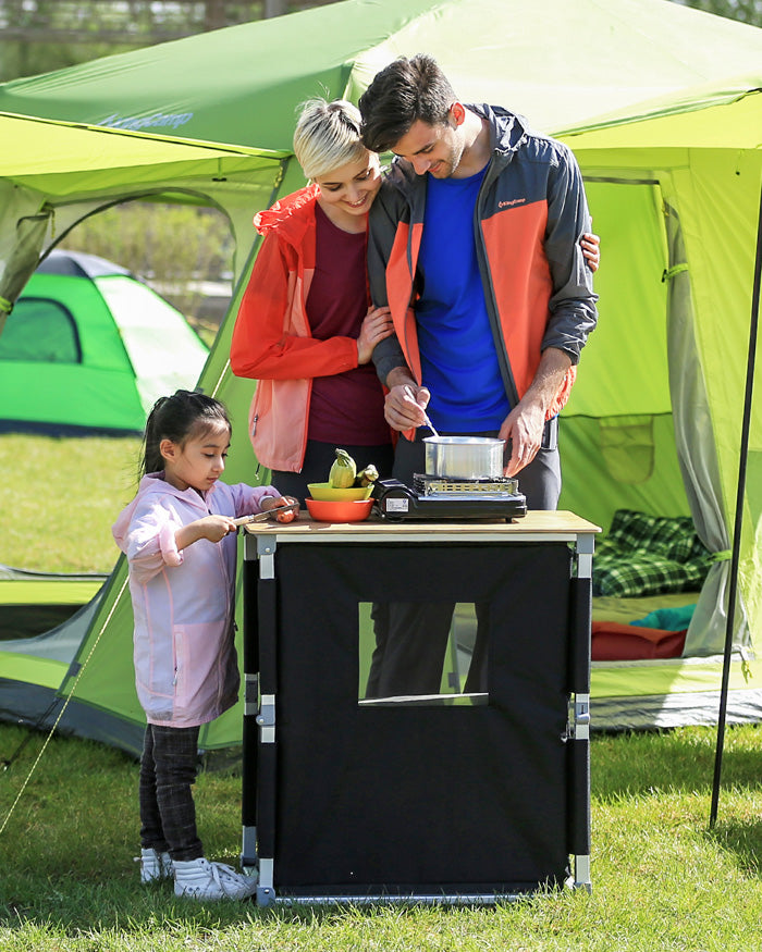 Family camping camp kitchen
