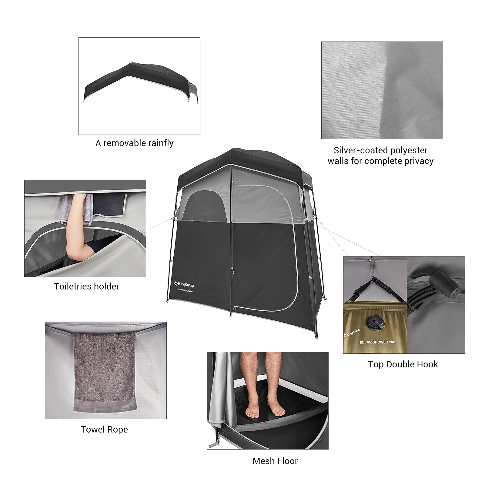 KingCamp Double Shower Tent with Solar Shower